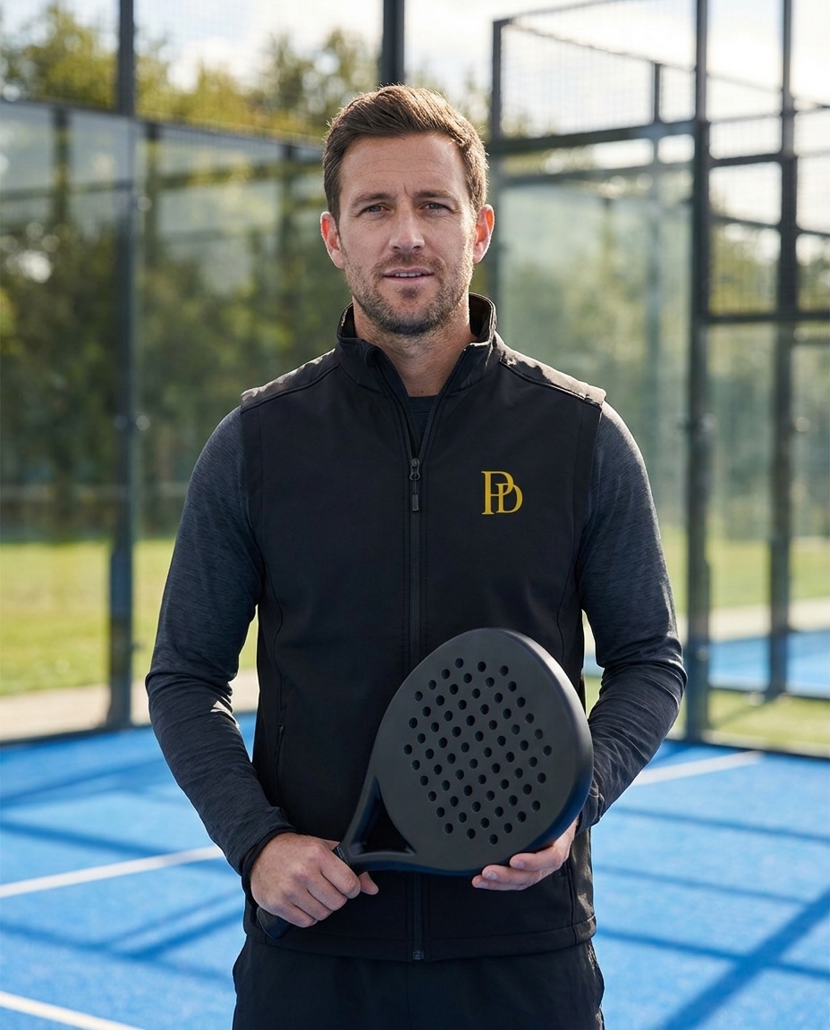 Padel Dorado recycled softshell gilet with PD logo